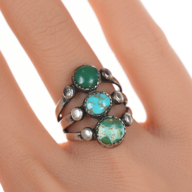 sz6 20's-30's Navajo silver ring with 3 turquoise stones