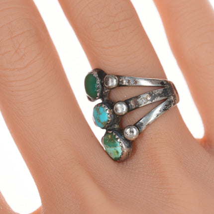 sz6 20's-30's Navajo silver ring with 3 turquoise stones