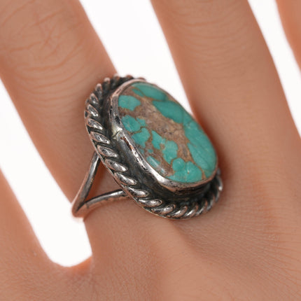 sz7 Vintage Navajo silver and turquoise ring with rope border