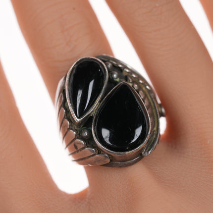 sz11 Vintage Native American Silver double onyx ring