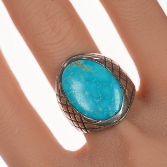 sz11 Vintage Native American chiseled silver and turquoise ring