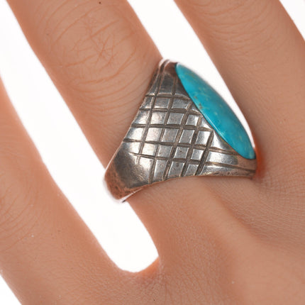 sz11 Vintage Native American chiseled silver and turquoise ring