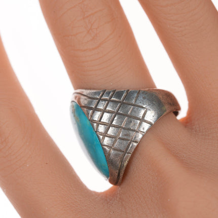 sz11 Vintage Native American chiseled silver and turquoise ring