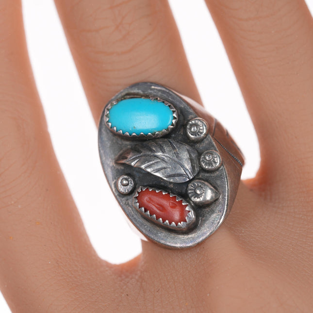 sz11 Vintage Native American turquoise and coral silver ring