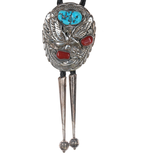 1980's Sterling, turquoise, and coral eagle bolo tie