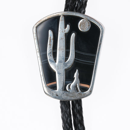 Daniel Holladay Sterling and agate bolo tie wolf/ Saguaro cactus