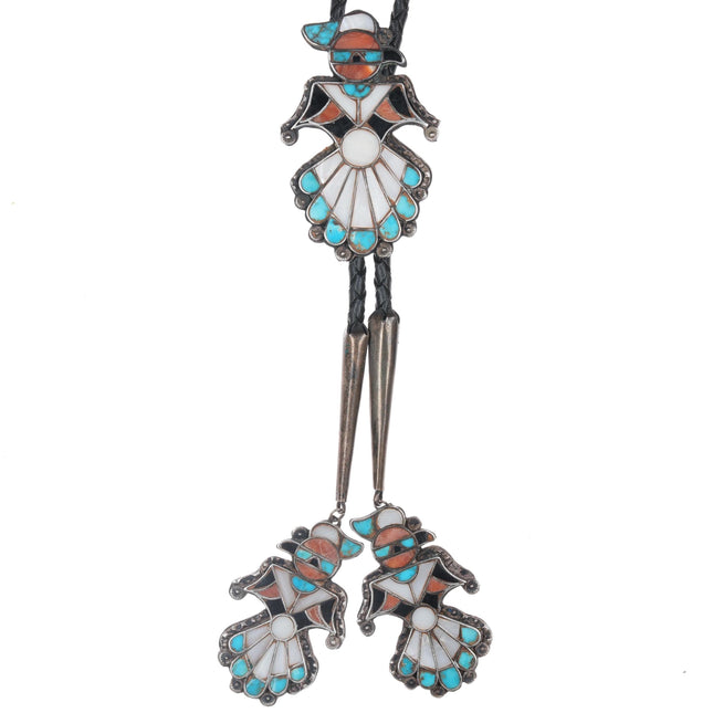 c1950 Zuni Channel inlay bolo tie with fancy dangle tips