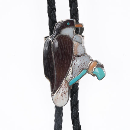 c1970's Zuni Sterling channel inlay hawk bolo tie 37" long