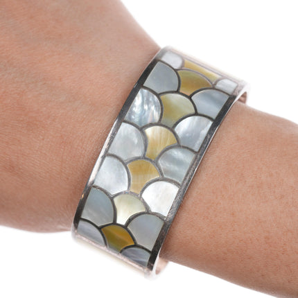 6.25" Sabin Chavez Zuni silver and multi-color mother of pearl cuff bracelet