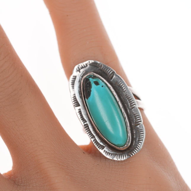 sz 4.75 Vintage Native American stamped silver ring with turquoise