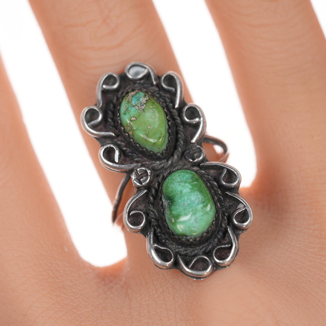 sz8.5 Vintage Native American silver and green turquoise double stone ring