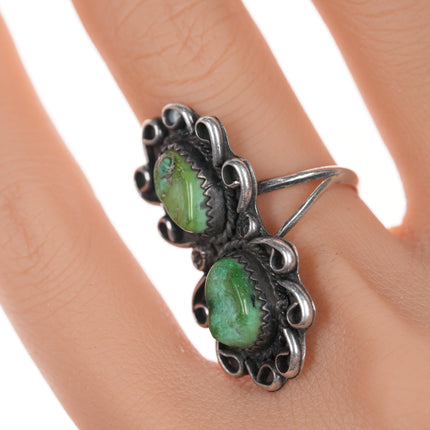 sz8.5 Vintage Native American silver and green turquoise double stone ring