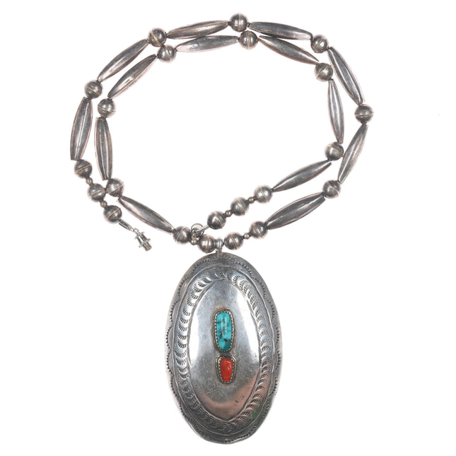 Vintage Navajo silver turquoise, and coral pendant beaded necklace