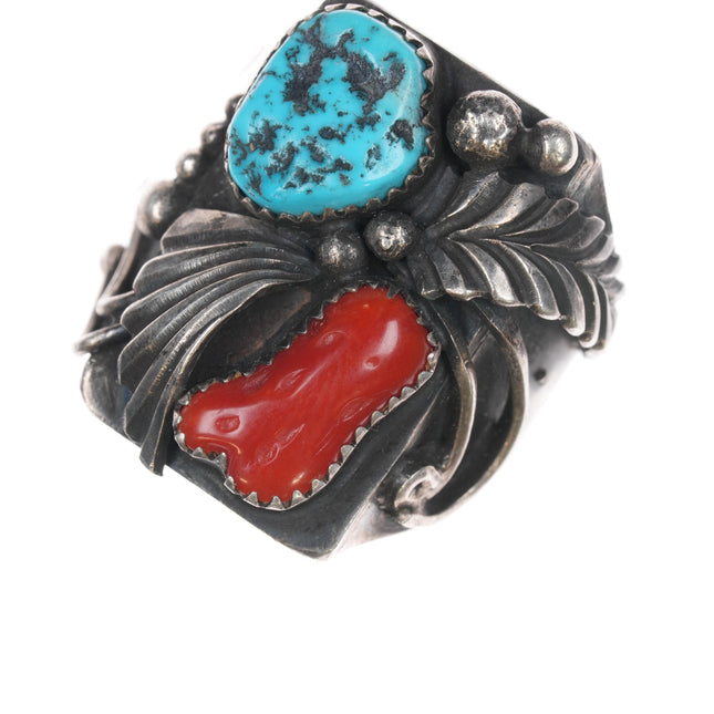 sz13.5 Lee Wesley Navajo sterling, turquoise, and coral ring