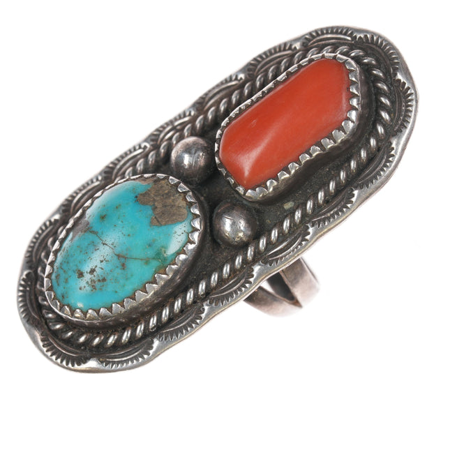 sz6.75 1970's Orville Tsinnie Sterling turquoise, and coral ring