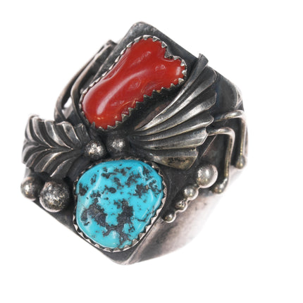 sz13.5 Lee Wesley Navajo sterling, turquoise, and coral ring