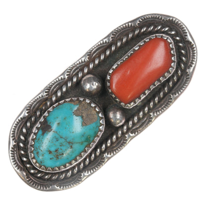 sz6.75 1970's Orville Tsinnie Sterling turquoise, and coral ring