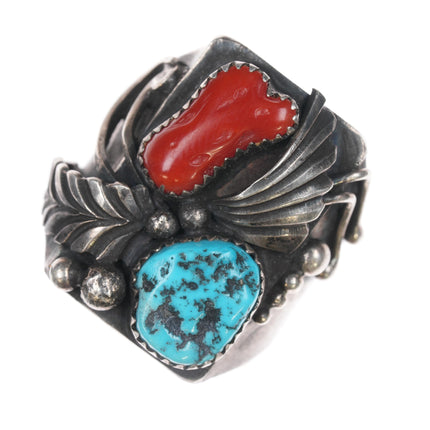 sz13.5 Lee Wesley Navajo sterling, turquoise, and coral ring