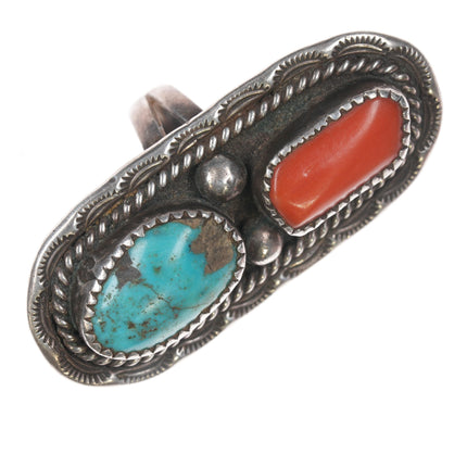 sz6.75 1970's Orville Tsinnie Sterling turquoise, and coral ring