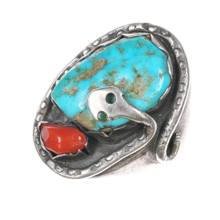 sz10 Ann Yatsattie Zuni Sterling turquoise and coral snake ring