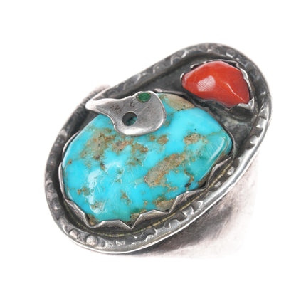 sz10 Ann Yatsattie Zuni Sterling turquoise and coral snake ring