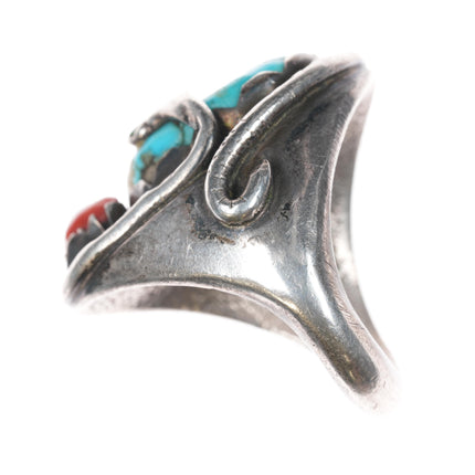 sz10 Ann Yatsattie Zuni Sterling turquoise and coral snake ring