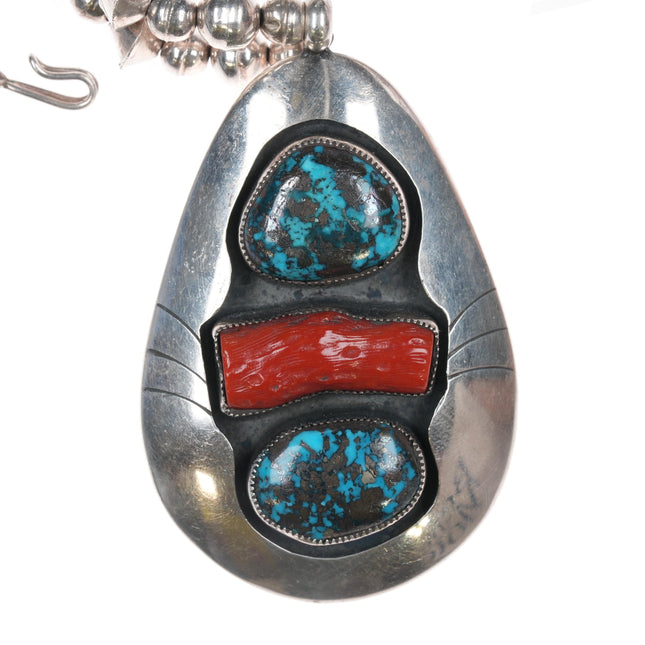 Vintage Modernist Morenci turquoise/Branch coral Native American silver necklace