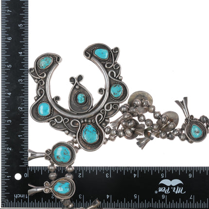 Large Vintage Native American Sterling and turquoise squash blossom necklace