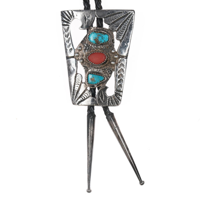 c1960 c-31 Native American silver, turquoise, and coral large bolo tie