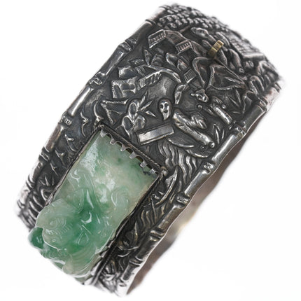 c1910 Antique Chinese Republic period Jadeite Silver repousse bangle bracelet