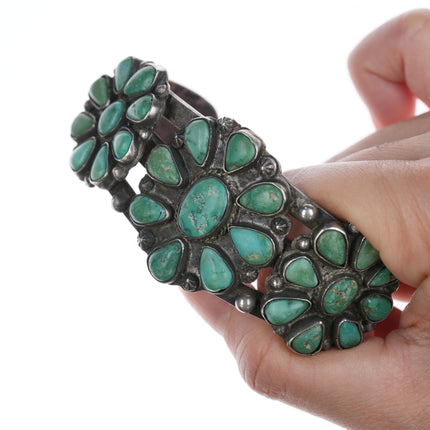 7" c1930's Navajo Cluster turquoise stamped silver cuff bracelet