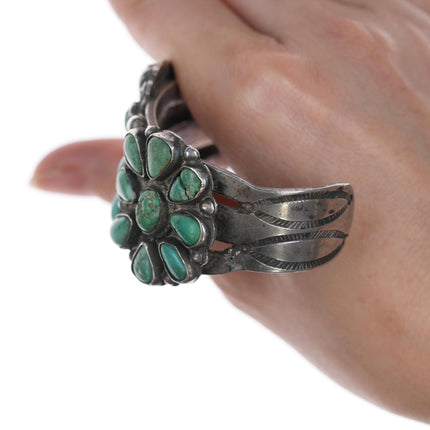 7" c1930's Navajo Cluster turquoise stamped silver cuff bracelet