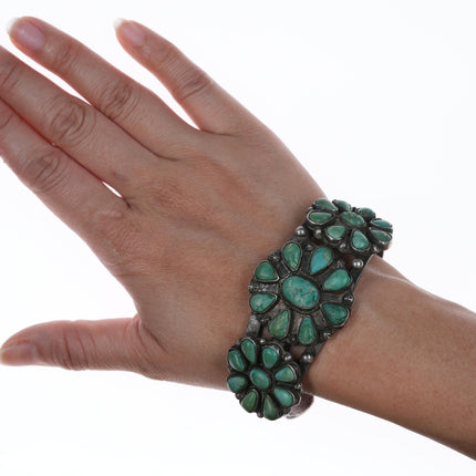 7" c1930's Navajo Cluster turquoise stamped silver cuff bracelet