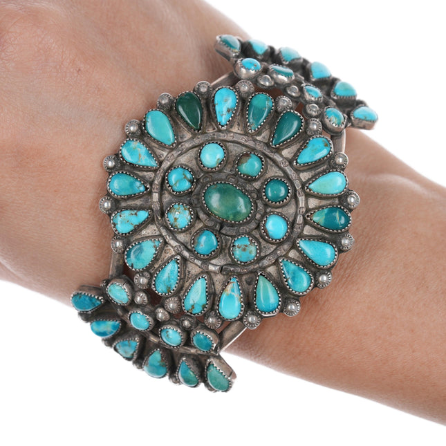 6.75" c1940's Zuni Cluster turquoise and silver cuff bracelet