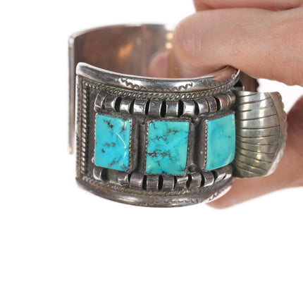 6.75" Large Navajo silver and turquoise watch cuff bracelet