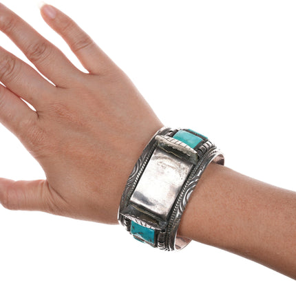 6.75" Large Navajo silver and turquoise watch cuff bracelet