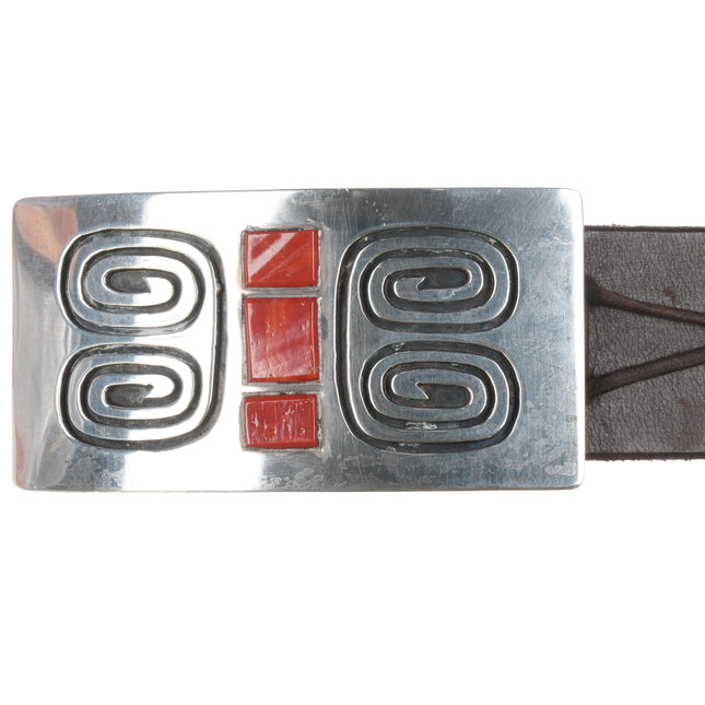 Carl Allen Begay (1912-1972) Navajo sterling and coral buckle on 30" belt