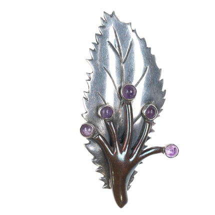 Antonio Pineda (1919-2009) Taxco Modernist Sterling amethyst leaf pin