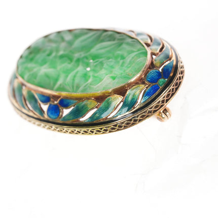 Antique 14k gold Enamel carved Jade pin