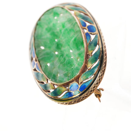 Antique 14k gold Enamel carved Jade pin