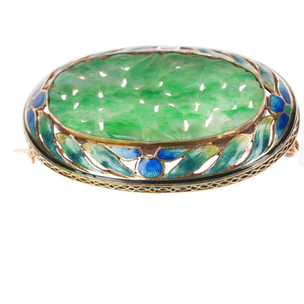 Antique 14k gold Enamel carved Jade pin