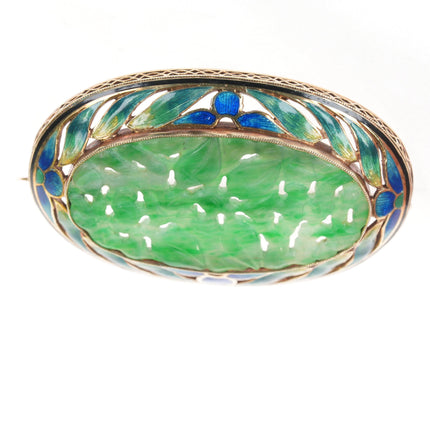 Antique 14k gold Enamel carved Jade pin