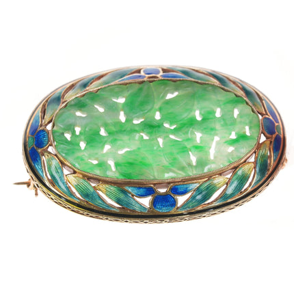 Antique 14k gold Enamel carved Jade pin