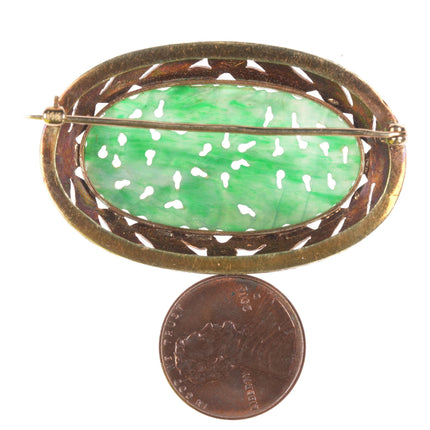 Antique 14k gold Enamel carved Jade pin