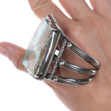 6.5" 40's-50's Navajo stamped silver cuff bracelet with large turquoise