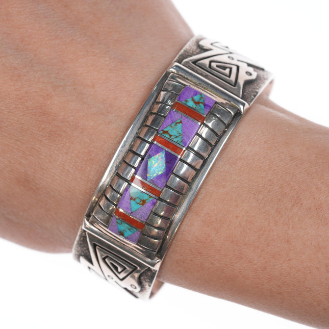 6.5" Abraham Begay Navajo Silver Sugilite, High grade turquoise, opal, and coral cuff bracelet