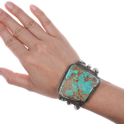 6.5" 40's-50's Navajo stamped silver cuff bracelet with large turquoise