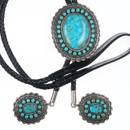 Large Larry Etcitty Navajo 14k accented Sterling Kingman turquoise cluster bolo tie