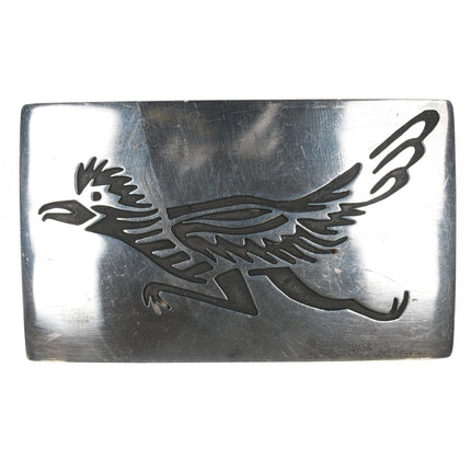 Vintage Navajo sterling roadrunner belt buckle in overlay style