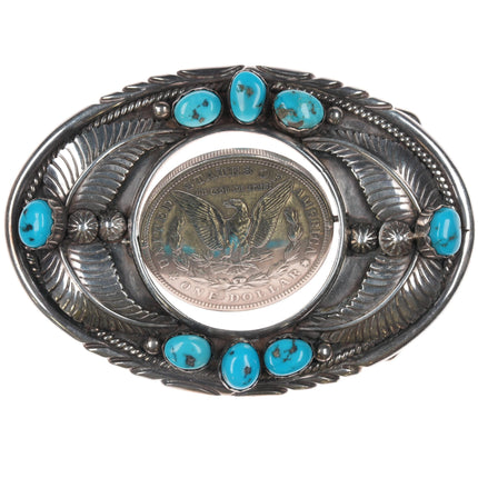 L Platero Navajo Sterling spinner 1921 Silver dollar belt buckle with turquoise